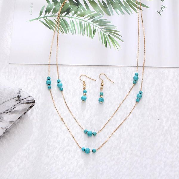 

earrings & necklace unique charming jewelry set gold tone circle lariat necklaces women multilayer chain necklaces+natural stone pendant, Silver