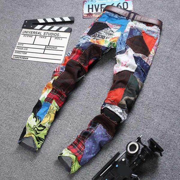 

men's pants men patchwork stitching denim trousers slim fit casual jeans for spring js24, Black
