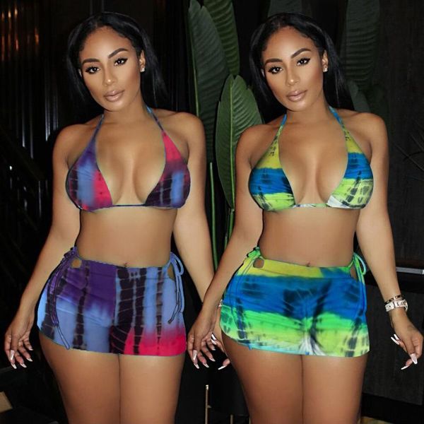 

women's swimwear women two-piece swimming clothes set, tie-dyed printed pattern halter neck and skirt, green/ dark blue, White;black