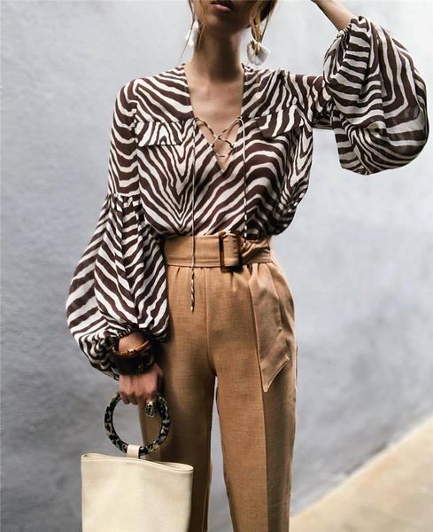 

women's blouses & shirts zebra stripe printed fashion bell long sleeve elegant v neck balloon blouse 4b1f, White