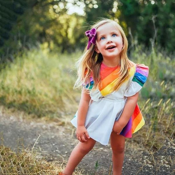 

1 5t toddler kids girl dresses baby cute princess elegant rainbow summer striped party tutu fashion backless sundress, Red;yellow
