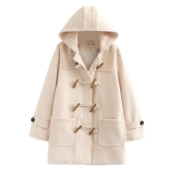

women's wool & blends 2021 winter preppy style hooded long sleeve horn buckle coat double breasted pocket woolen outwear student coats, Black