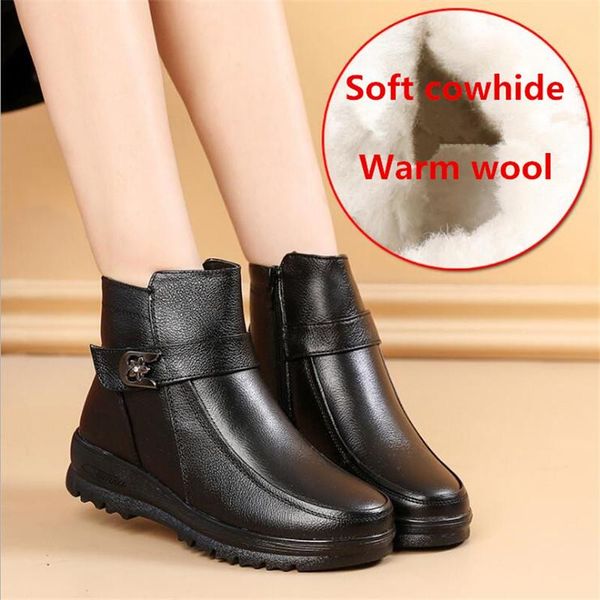 

boots 2021 fashion winter women genuine leather warm ankle mom plush wedge shoes woman size 35-40, Black