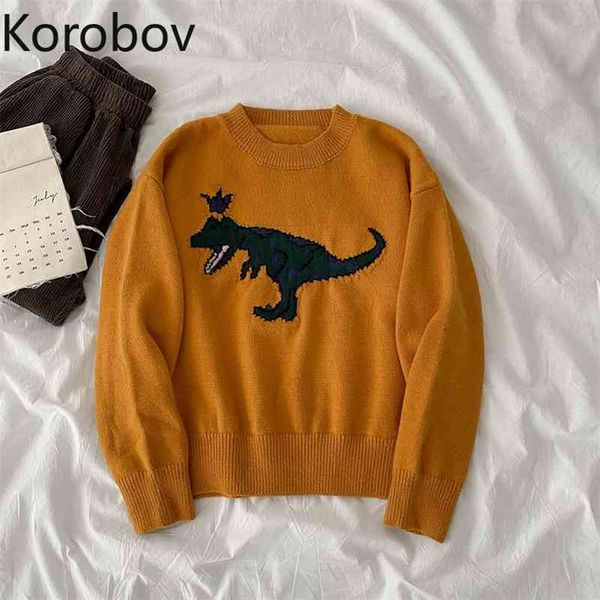 

korobov harajuku finny cartoon embroidery women sweaters korean o neck long sleeve vintage pullovers vintage knitwear 210430, White;black