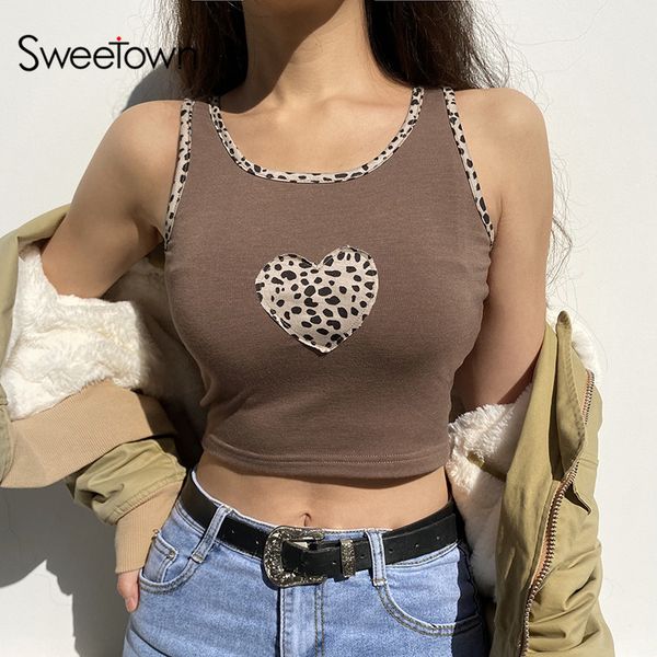 

sweetown patchwork brown cute women leopard heart patches vintage kawaii clothes sleeveless y2k tank woman shirts, Black;white