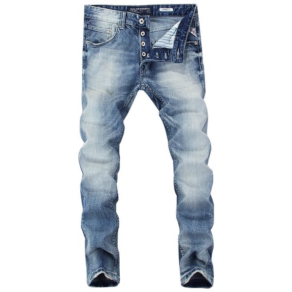 

italian style fashion men jeans slim fit retro gray light blue ripped denim pants vintage designer cotton trousers 210320