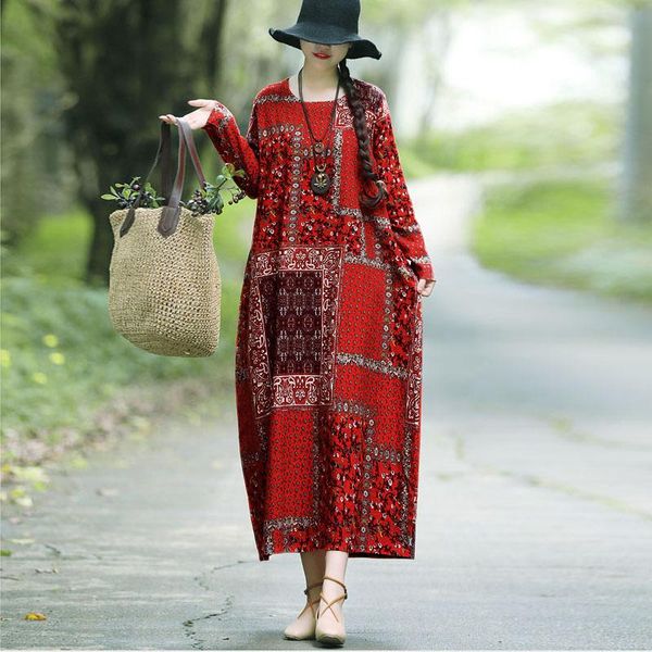 

casual dresses women vintage floral print maxi dress plus size cotton linen baggy long sleeve o-neck pockets boho, Black;gray