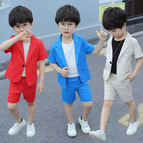 

boys summer formal suit blazer+shorts 2pcs clothing set gentleman kids wedding dress enfant garcon mariage party wear 2583 q2, White