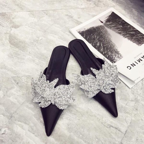 

slippers fashion satin pointed toe women sandals luxurious flowers rhinestone flip flop muller flat shoes, Black