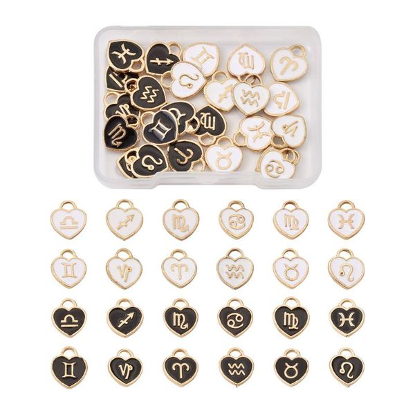 

charms black white heart enamel double face pendants with 12 constellations for jewelry earrings diy 24pcs, Bronze;silver