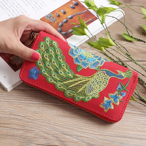 

designer wallet ethnic embroidery peacock wallet women zipper clutch purse phone case handbag coin pocket credit bank id card ho, Red;black