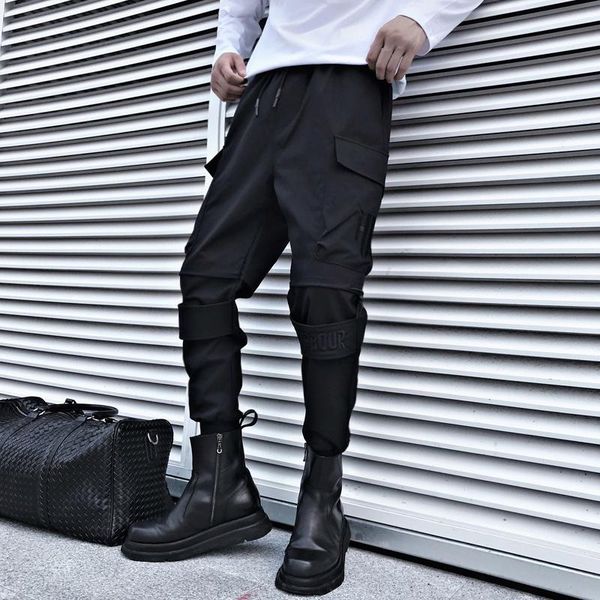 

men's pants 2021 harajuku cargo pocket joggers pant men black hip hop streetwear bottoms washed rib cuff drawstring slim fit sweatpants