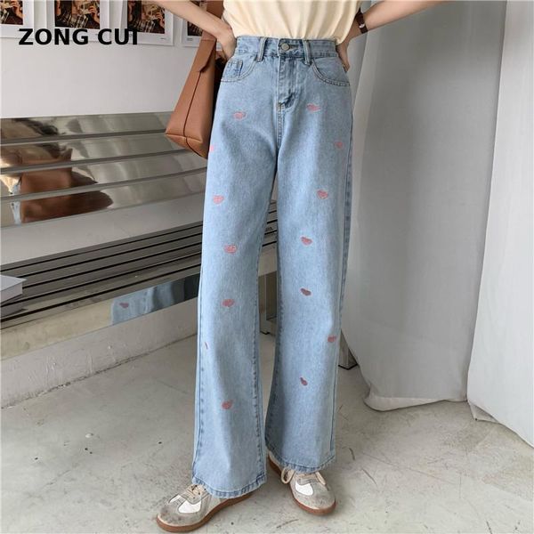 

vintage washed love jeans women korean loose straight denim trousers high waist cropped pants female embroidered in summer women's, Blue