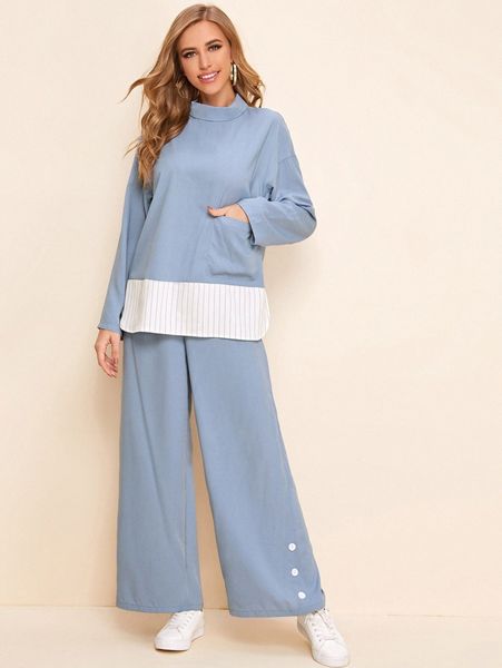 

mock-neck pocket patched contrast hem & buttoned hem pants set 14uy#, White