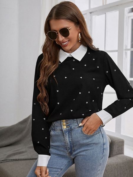 

heart print contrast collar blouse m9cj#, White