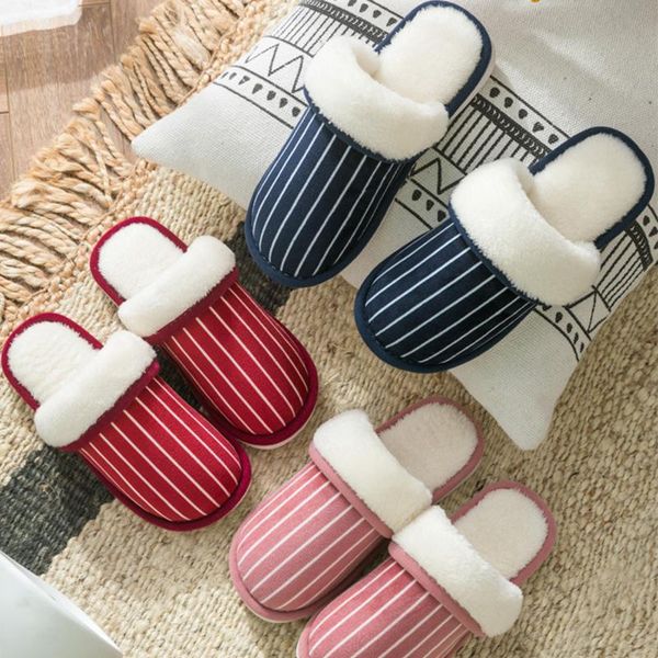 

slippers winter non-slip stripe men women home comfort floor shoes cotton indoor plush, Black