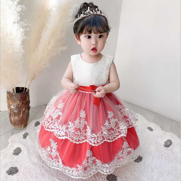 

girl's dresses spring and autumn performance little girls lace catwalk costumes big kids' fluffy wedding clothes, Red;yellow
