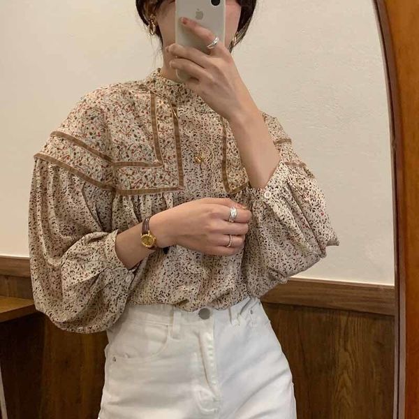 

shirt Spring Autumnal floral soft sweet retro shirts lantern long sleeves shreds comers female elegance blous, White