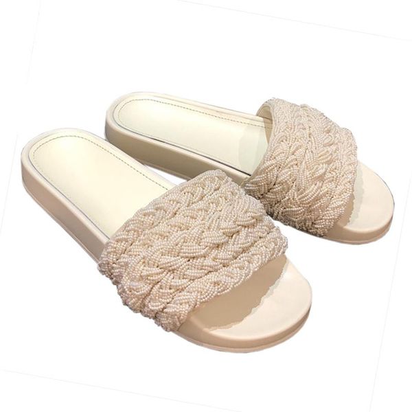 

fashion brand string bead leisure genuine leather women slippers ladies slip sliders casual comfortable flats, Black