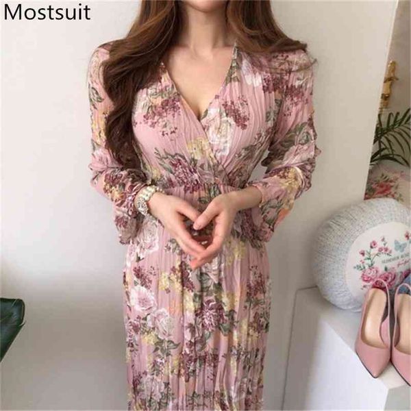 

v-neck floral printed women long dress full sleeve korean spring autumn vintage elegant pleated dresses vestidos mujer 210513, Black;gray