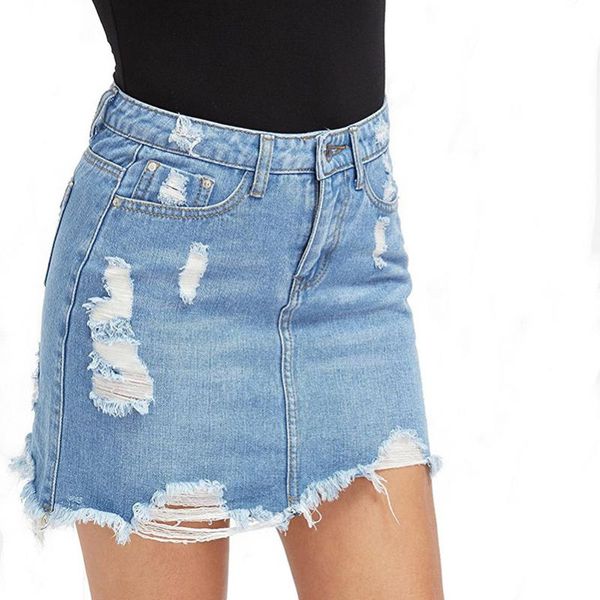Saias de alta qualidade mulheres rasgadas casuais mini denim saia 2021 verão bodycon calça jeans básica cool cintura