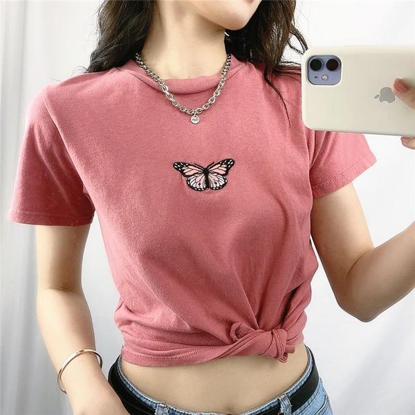 

summer butterfly embroidered short sleeved womens t shirt cotton korean style harajuku white