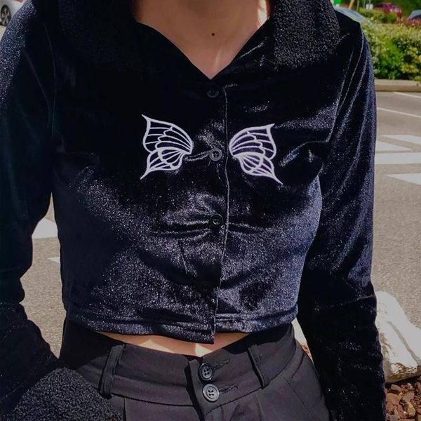 

women's t-shirt women casual long sleeve cardigan fashion butterfly embroidery exposed navel, White