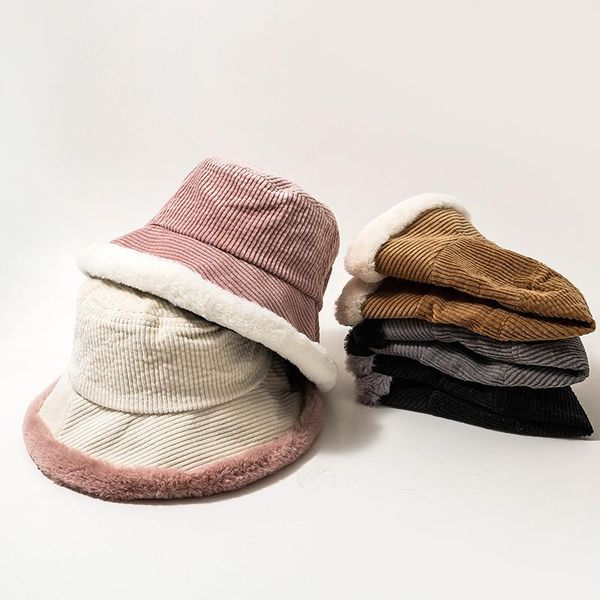 

wide brim hats autumn winter outdoor corduroy bucket thick warm lady furry velvet double sided s2720, Blue;gray
