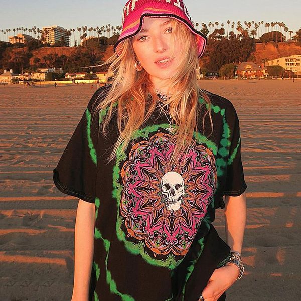 

ins green skull streetwear graphic printed woman tshirts 2021 summer loose oversized harajuku t shirt teens girls style women's t-shir, White