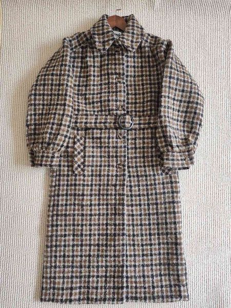 

wool 2021 autumn and winter doll collar puff sleeve tie jacket long coat qlyd, Black
