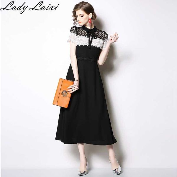 

arrival summer women turn-down neck chiffon lace dress fashion vintage short sleeve patchwork elegant vestidos 210529, Black;gray
