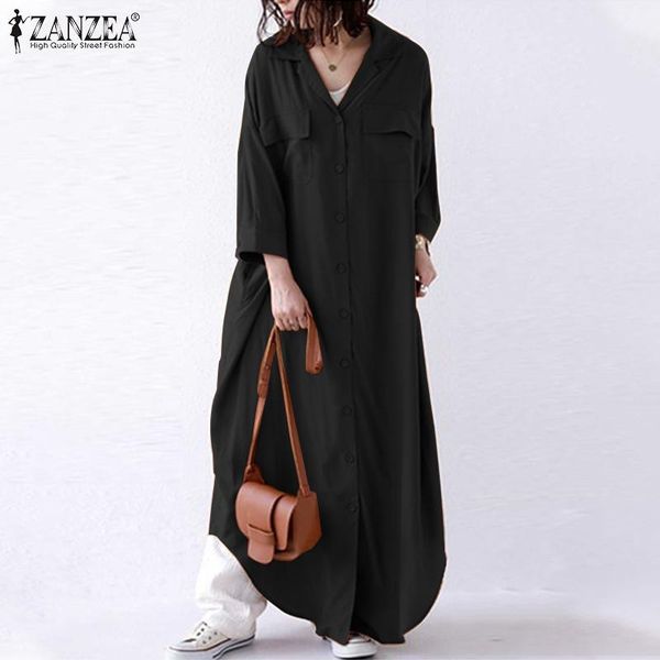 

casual dresses plus size women long shirt dress zanzea autumn lapel neck sleeve maxi vestido robe femme solid loose sundress buttons 5xl, Black;gray