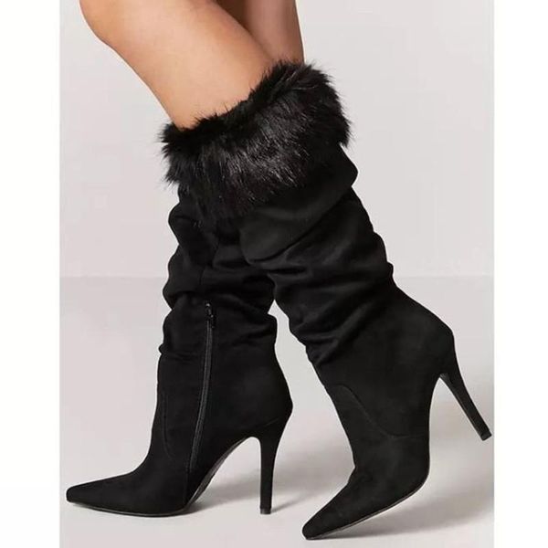 

boots suede upper fluffy fur women pile up side zipper comfortable short booties high heel half knee daily shoes, Black