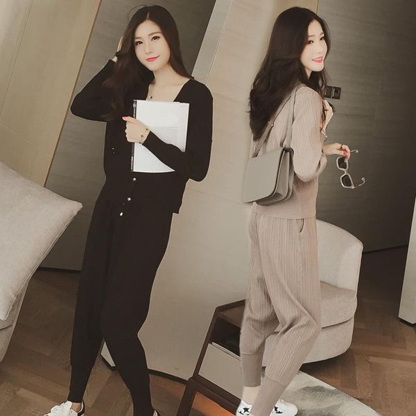 

women's two piece pants korean fashion women knit suit autumn feamle temperament thin ol three-piece leisure sports, White
