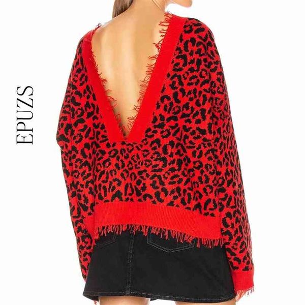 Sexy Backless Vermelho Leopardo Sweater Mulheres Pullover Jumper Tops Tassel Fauzido Femme Winter Roupas 210521