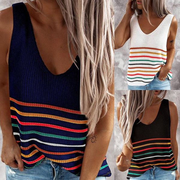 

women's tanks & camis 2021 women striped slim pullover tank ladies knitted vest v-neck sleeveless shirt spring summer vacation clo, White