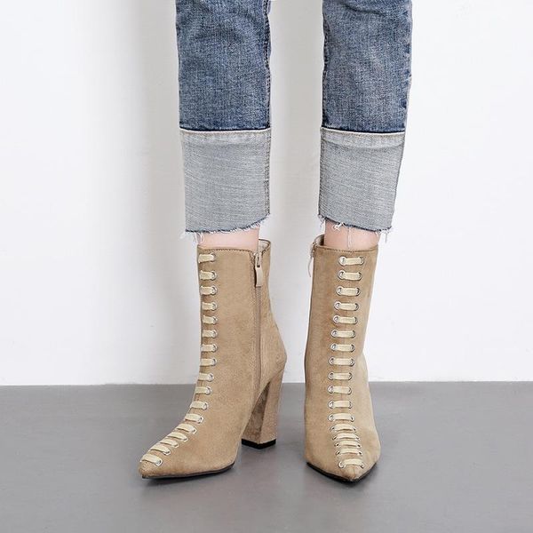 

boots 2021 ankle women autumn pointed toe t-tied suede leather high shoes outdoor casual botas de mujer, Black