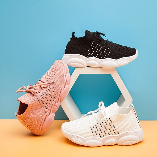 

2021 childrens spring and autumn new knitted sports shoes lace up student single shoes breathable casual shoes for children, Black;red