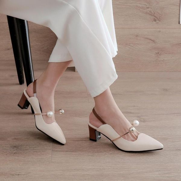 

big size 32-48 summer women solid pearl back strap square heel sandals 3 colors, Black