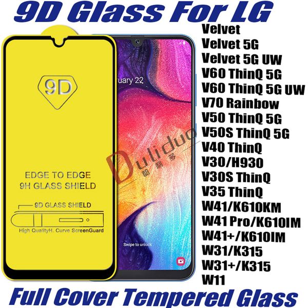 9D tampa completa protetor de tela de vidro temperado para lg v60 thinq 5g uw v70 arco-íris w41pro plus w31 w11 veludo