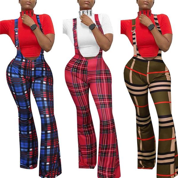 

women's pants & capris fashion women plaid print suspender zipper closure high waist flared trousers slim fit leggings overalls for sum, Black;white