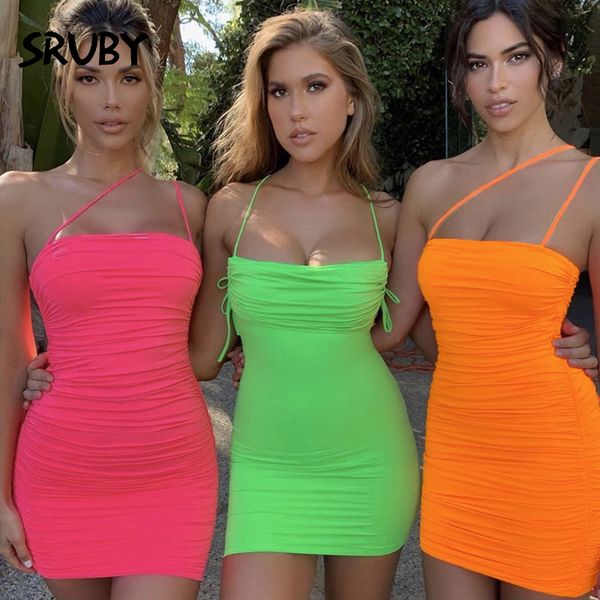 

sruby neon summer dress women elegant spaghetti strap pink fluorescent bandage dressed bodycon pleated mini party dresses, Black;white