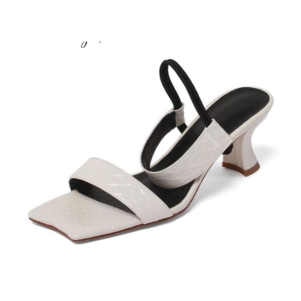 

sandals square toe high heels shallow sling back fish-scale pattern young lady fashion gladiator slip on women l17, Black