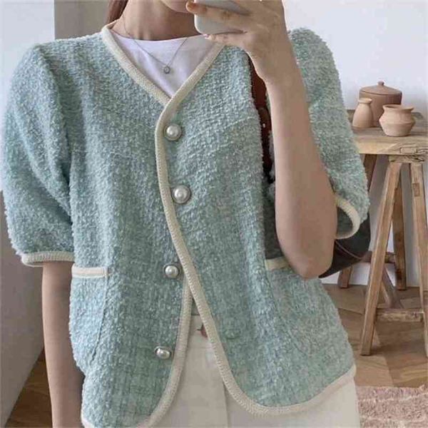 

vintage tweed coat for women summer england style plaid tassel gold buttons elegant puff short sleeve jacket 210603, Black;brown