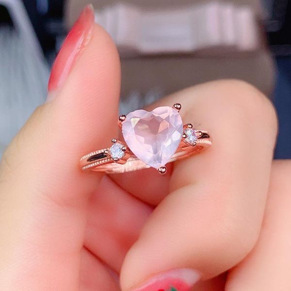 

cluster rings luxurious engagement wedding faceted heart cut rose quartz ring in 925 sterling silver natural gemstones jewelry for gift, Golden;silver