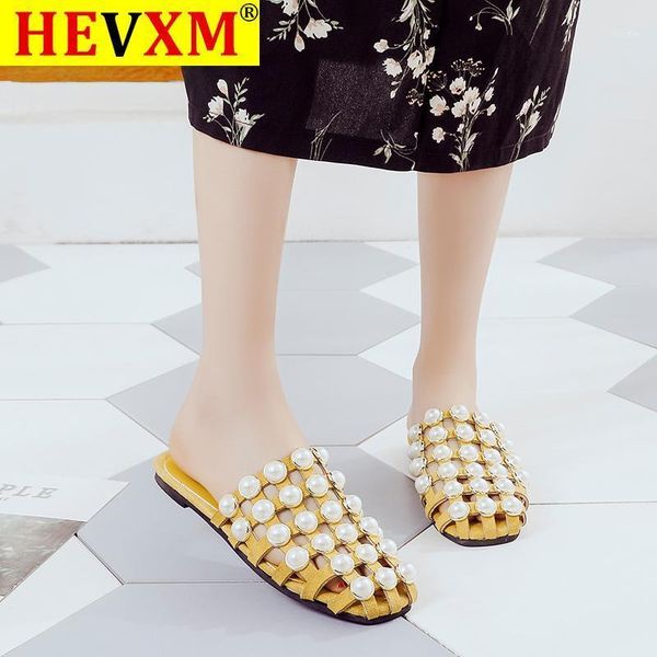 

sandals hevxm luxury string bead flat heel mules slippers women fashion hollow out casual outdoor slides woman summer slip on1, Black