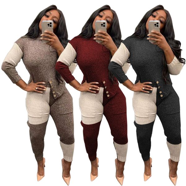 

women knitted sweater tracksuits fashion trend turtleneck sweater joggers pants outfits designer female patchwork casual two piece sets, Gray