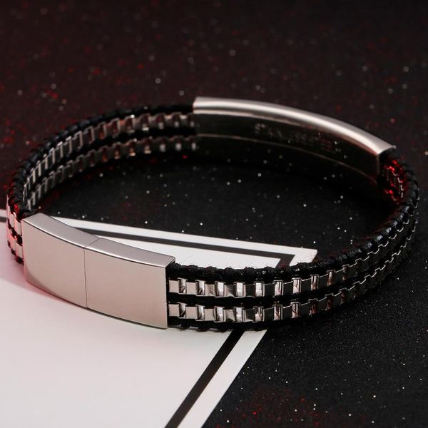

tennis vintage genuine leather wrap bracelet men friendship mens bracelets polished box chain stainless steel male jewelry drop, Golden;silver