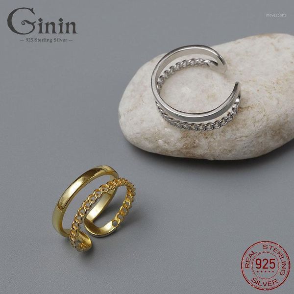 

cluster rings ginin 925 sterling silver ring women man adjustable double-layer shiny chain unique design open personality finger jewelry bij, Golden;silver