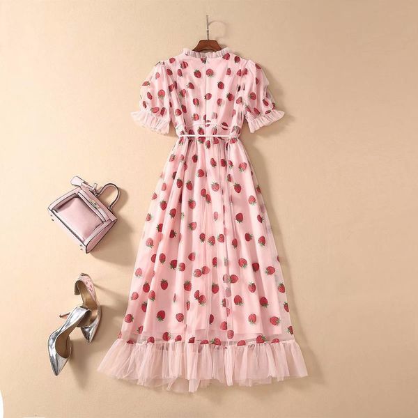 

mid-length v-neck belt dress strawberry stamping short sleeve party net yarn summer women's clothing, Black;gray